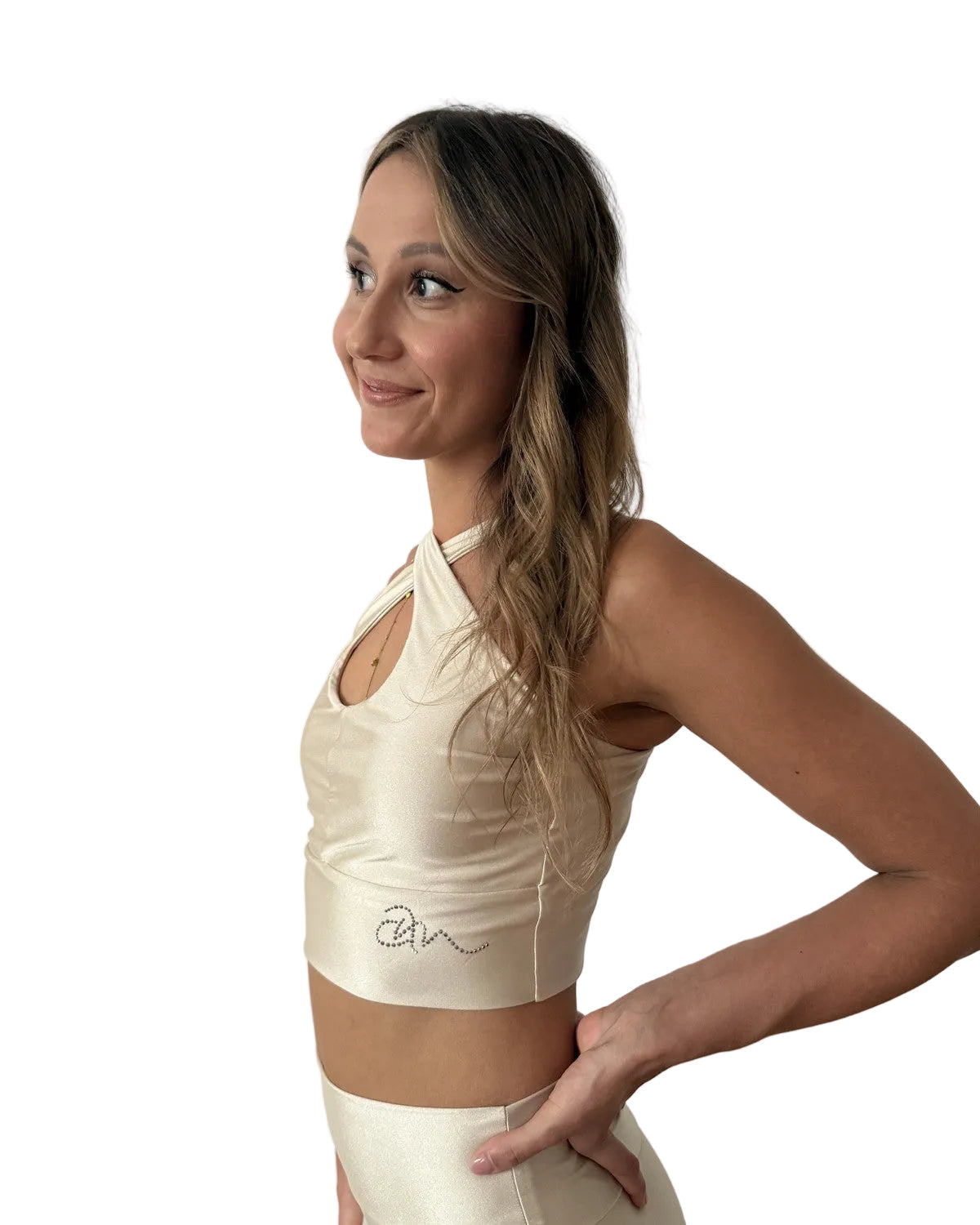 Woman wearing Adjustable Top Mara in Creme, side view, Ama & Move dancewear