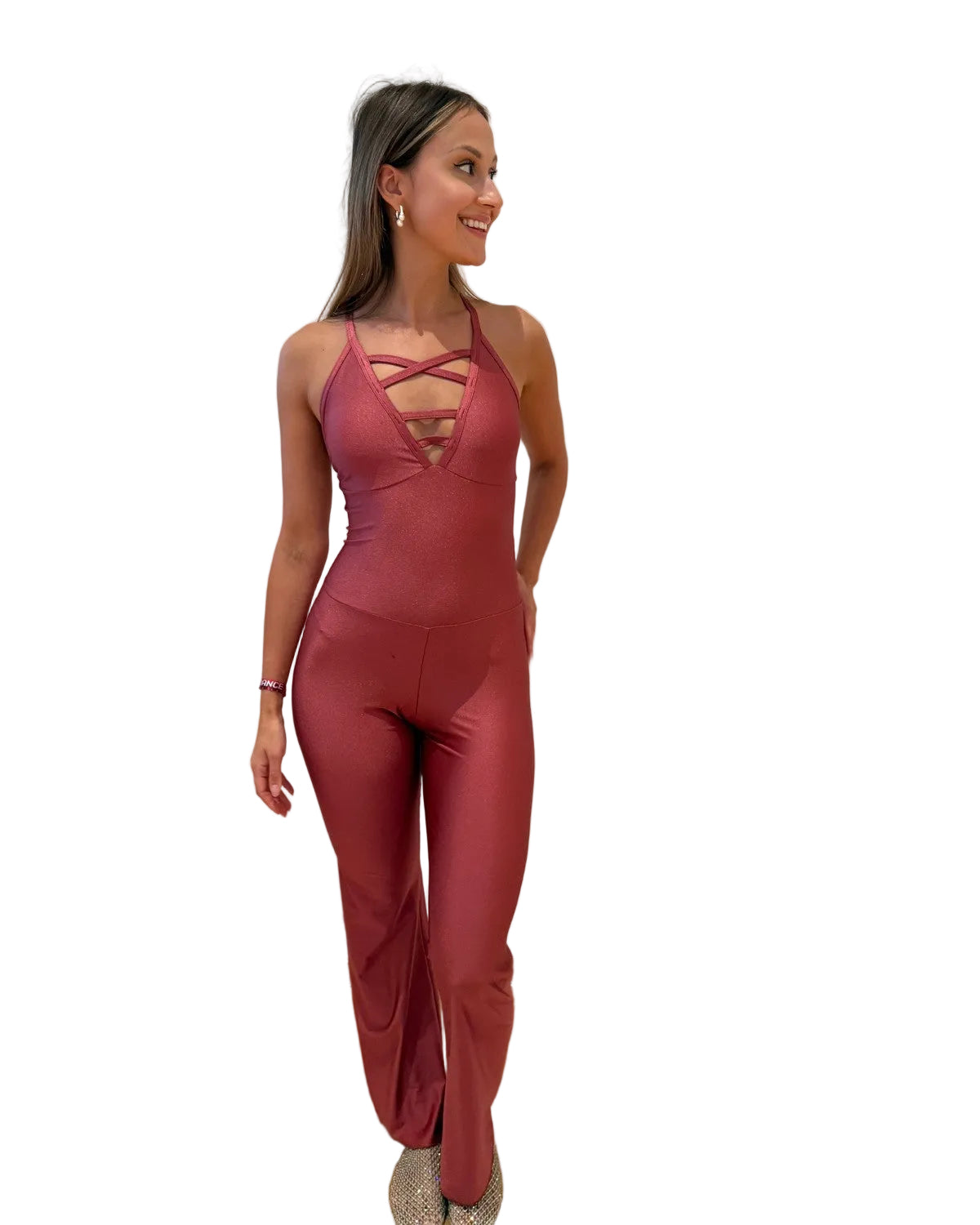 Wine ruby Flared Jumpsuit – dance jumpsuit – Ama & Move – front profile view